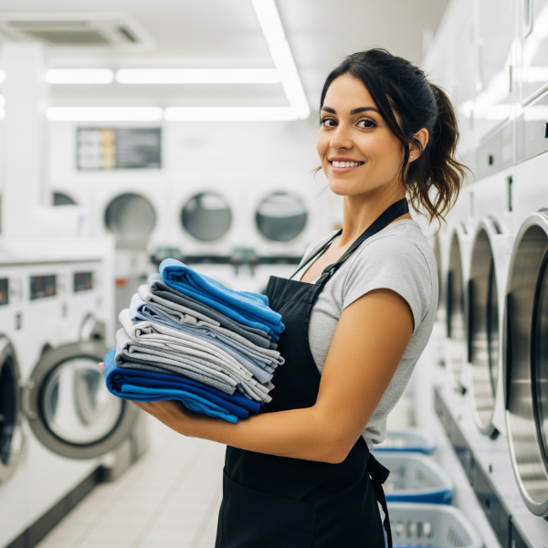 Laundry Worker With A Stack Of Clothes By Dryers 600X600